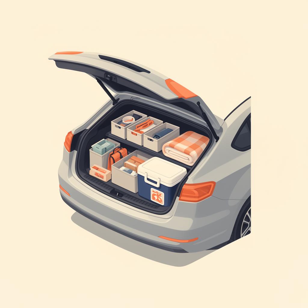 Organized car trunk with storage bins, cooler, and road-trip gear